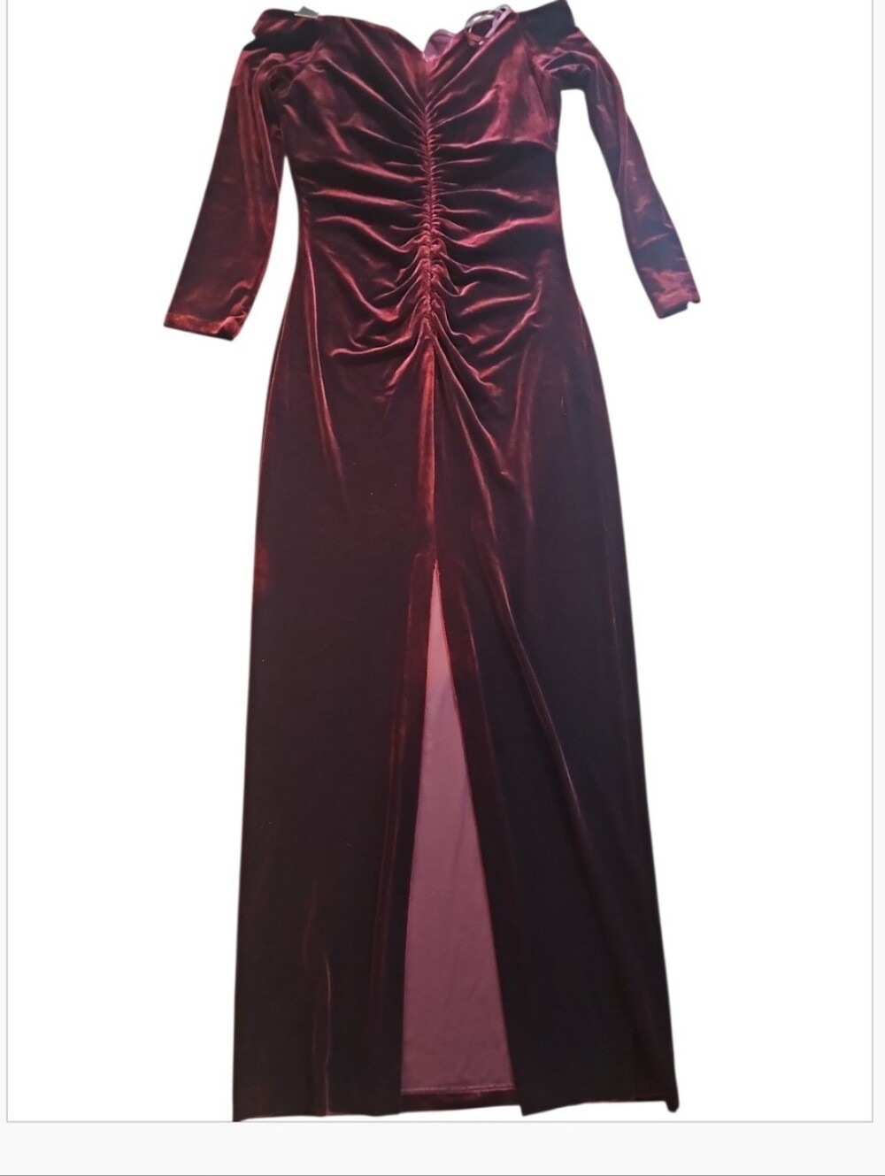XSCAPE Burgundy Velvet Off The Shoulder Long Sleeve Gown Size 14 - Picture 9 of 12